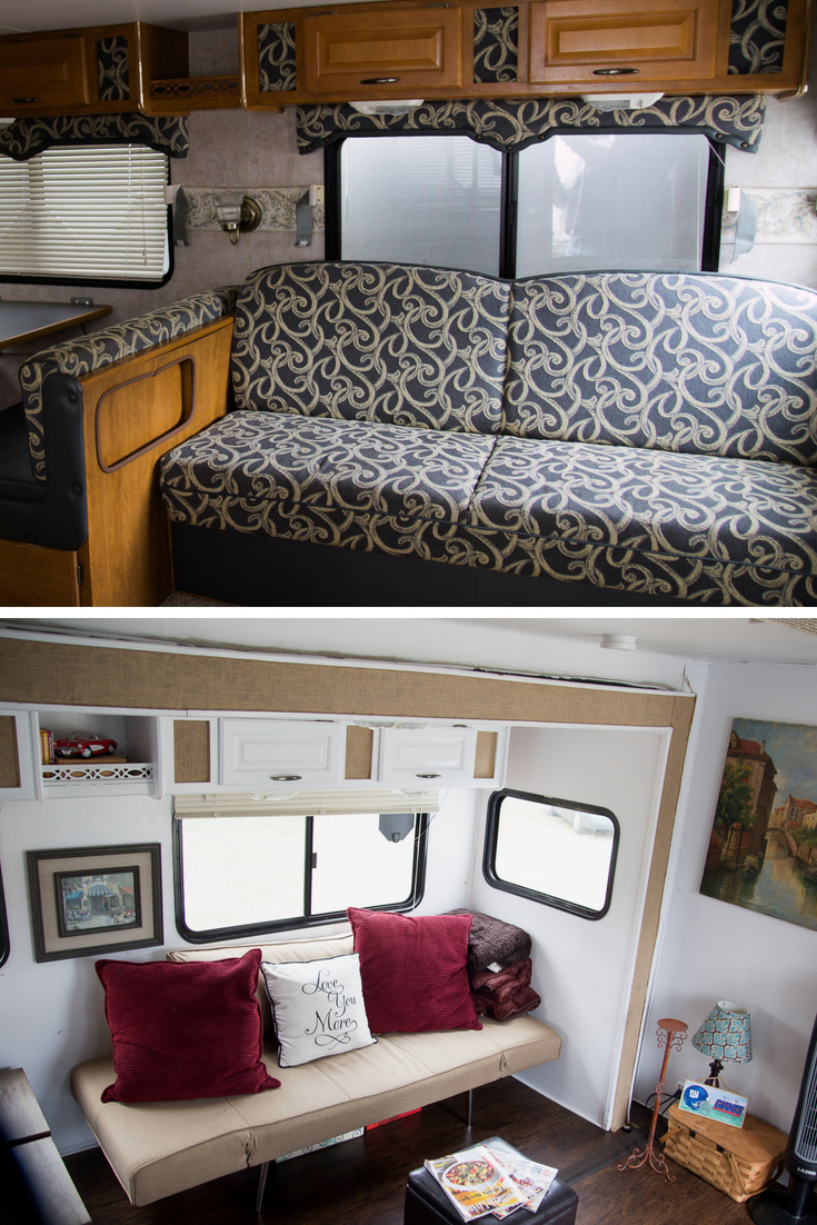Gorgeous RV Travel Trailer water-damaged Camper Remodel transformation on the cheap! Click the photo for more photos of this amazing budget first-time tiny house owners' renovation!
